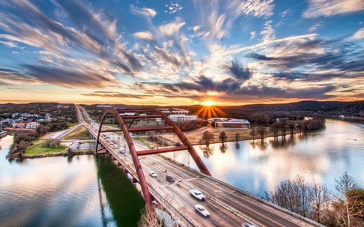 red metal bridge, cityscape, HDR, sunset, Texas, river, water