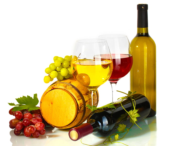 wine bottles, wine glasses and grapes, red, white, barrel, vine. grapes, HD wallpaper