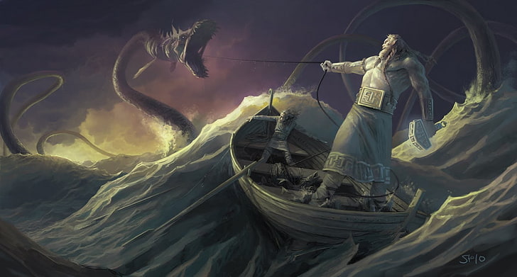 man and boy riding on boat illustration, painting, Vikings, mythology