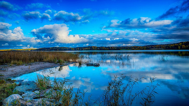 lake, blue landscape, blue lake, reflection, nature, sky, water, HD wallpaper