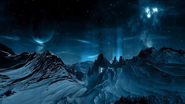 fantasy landscape, sky, darkness, night, night sky, winter