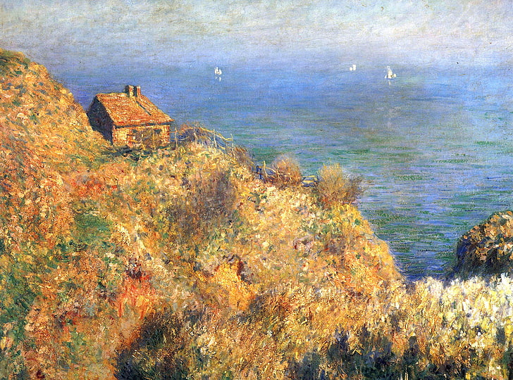house painting, sea, landscape, rocks, boat, picture, sail, Claude Monet, HD wallpaper