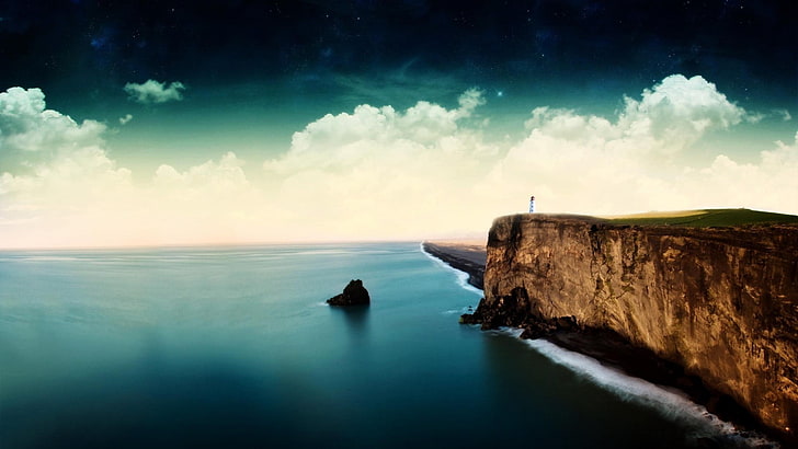 brown cliff and body of water, bluff, coast, light house, photo manipulation
