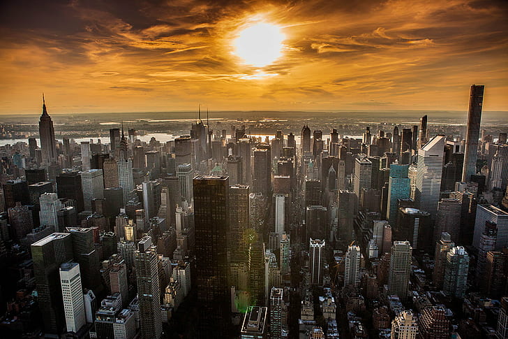 aerial photo of high rise building lot, New York City, Setting Sun, HD wallpaper