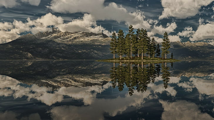 nature, landscape, lake, reflection, island, sky, clouds, water