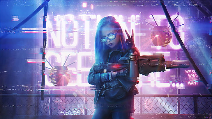 Sci Fi, Cyberpunk, Futuristic, Girl, Gun, Neon, Weapon, Woman