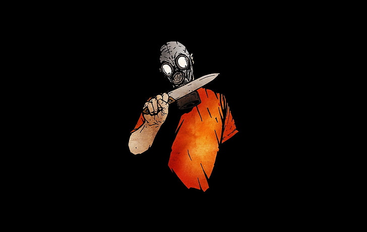 gas masks, artwork, minimalism, knives, apocalyptic, orange color