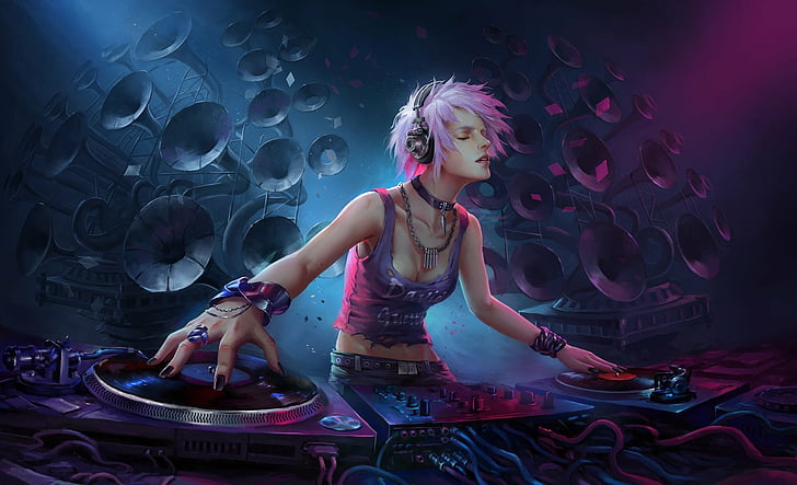 DJ, Girl, Headphones, Pink Hair, Short Hair, Speakers, Woman