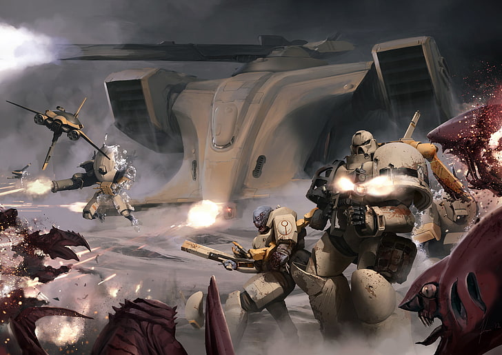 robots illustration, battle, warhammer, space Marines, tyranids