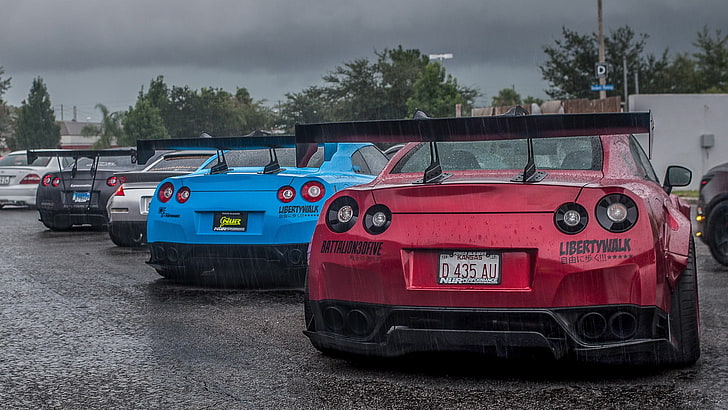 red car, Nissan GT-R R35, Japanese cars, rain, Liberty Walk, mode of transportation