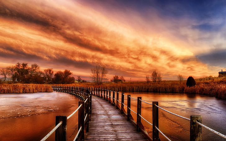 Wooden bridge, river, grass, nature sunset, clouds, red sky, HD wallpaper