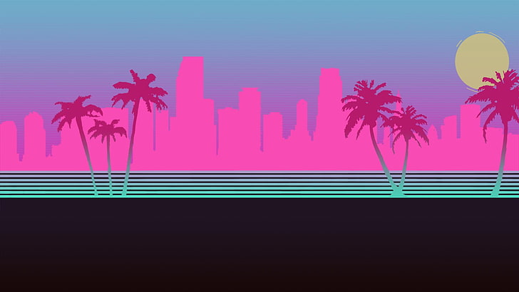 Cityscape, Palm Trees, vaporwave, no people, colored background