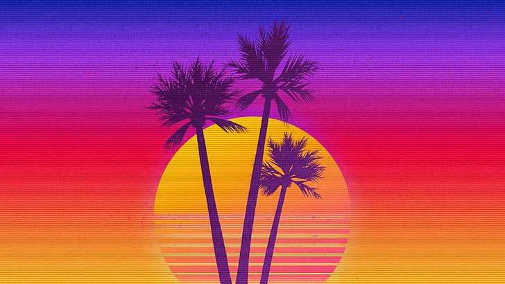 synthwave, OutRun, vaporwave, Retrowave, sunset, palm trees, HD wallpaper
