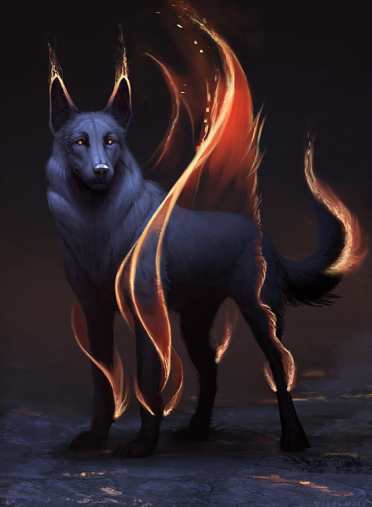 concept art, Jade Mere, animals, wolf, fire, one animal, mammal