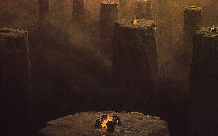 art, artwork, Beksinski, Campfire, dust, horror, Pillars, Skeletons