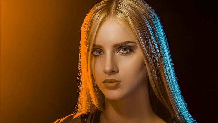 women, blonde, portrait, face, simple background, blue eyes