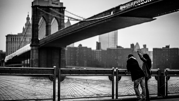 men's jeans, monochrome, bridge, Brooklyn Bridge, people, New York City