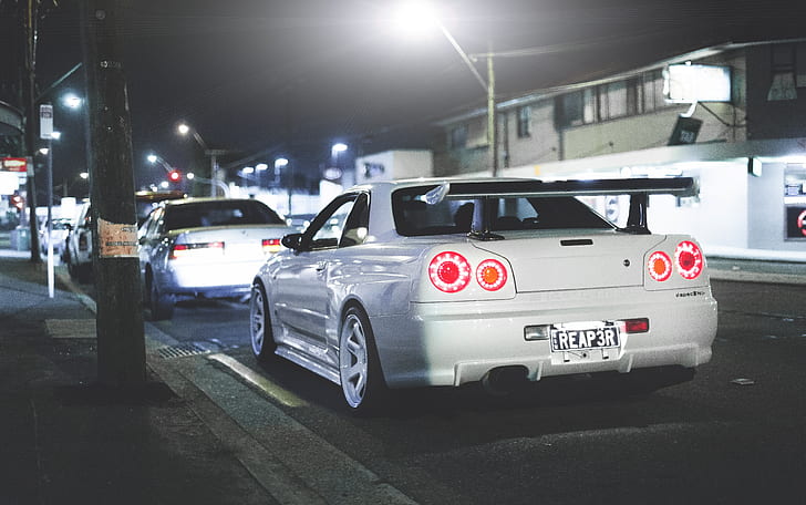 white, night, the city, Nissan, GT-R, skyline, R34