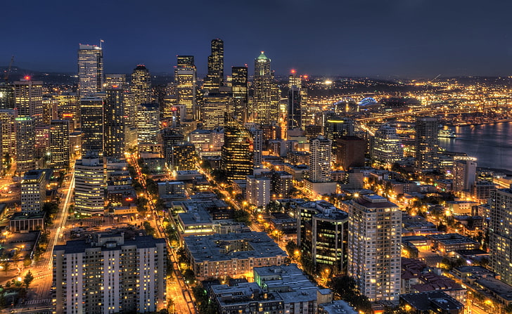 Seattle At Night From The Space Needle HDR, city lights aerial view