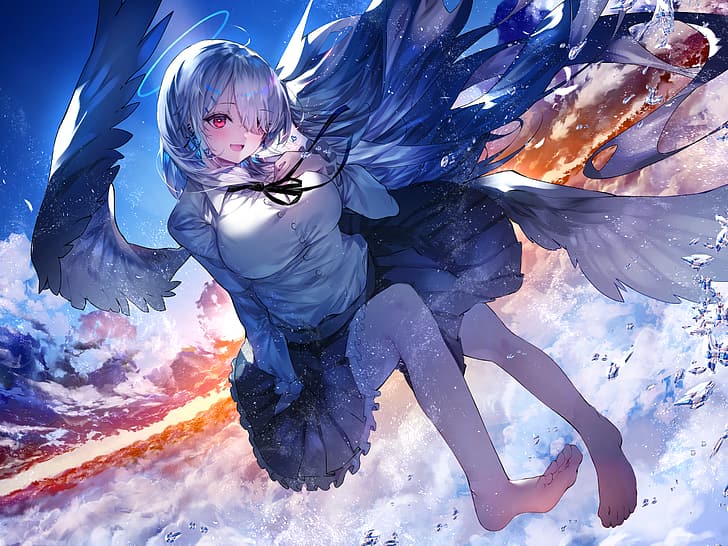 anime girls, sunset, wings, angel wings, clouds, floating, falling