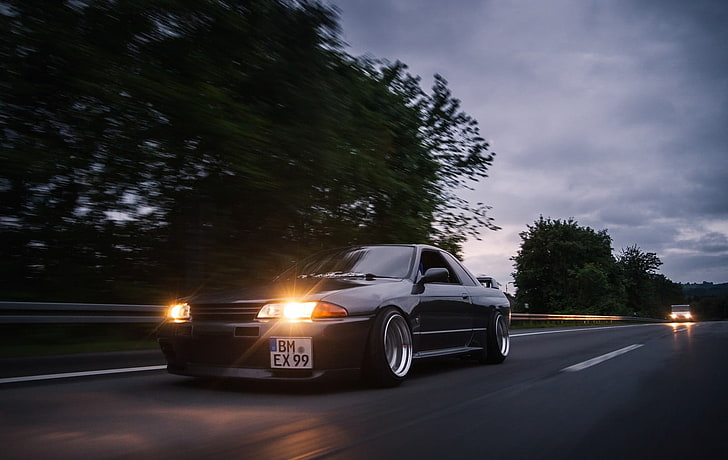 Hd Wallpaper Black Coupe With Headlight On Road Nissan Skyline Nissan Skyline R32 Wallpaper Flare