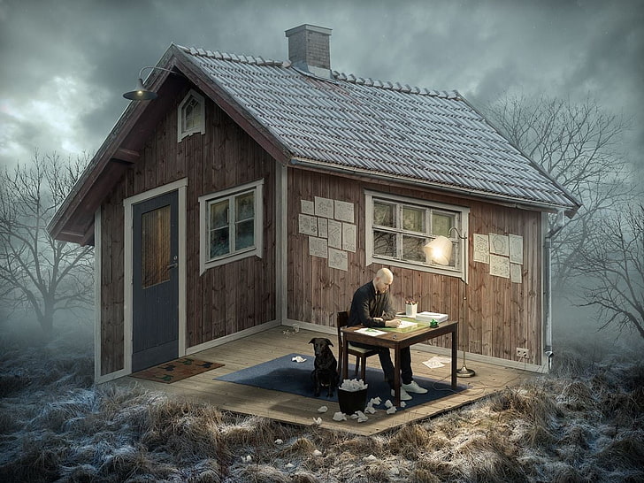 brown wooden house, nature, landscape, Erik Johansson, optical illusion