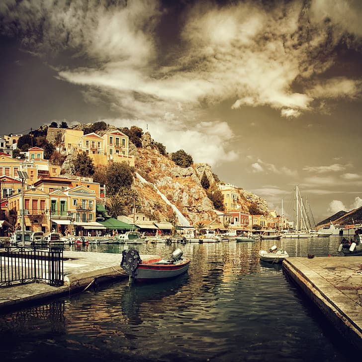building, home, treatment, boats, Greece, pier, promenade, The Aegean sea, HD wallpaper