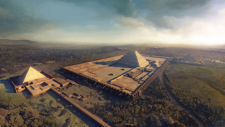 aerial photography of Pyramid building, aerial view, fantasy art