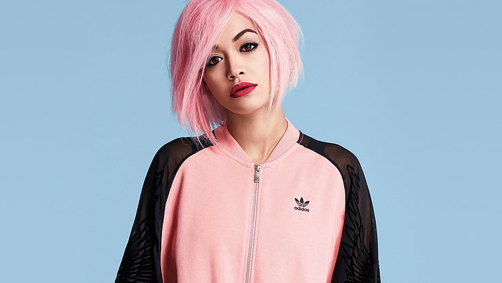Rita Ora, Adidas, pink hair, red lipstick, women, model, portrait, HD wallpaper