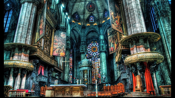multicolored medieval building interior artwork, church, Milan