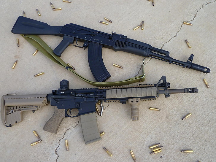 two black Kalashnikov riffle and M4A1 rifle, gun, assault rifle