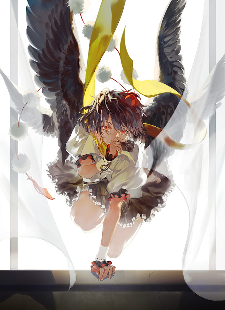 anime, anime girls, wings, fantasy girl, red eyes, HD wallpaper