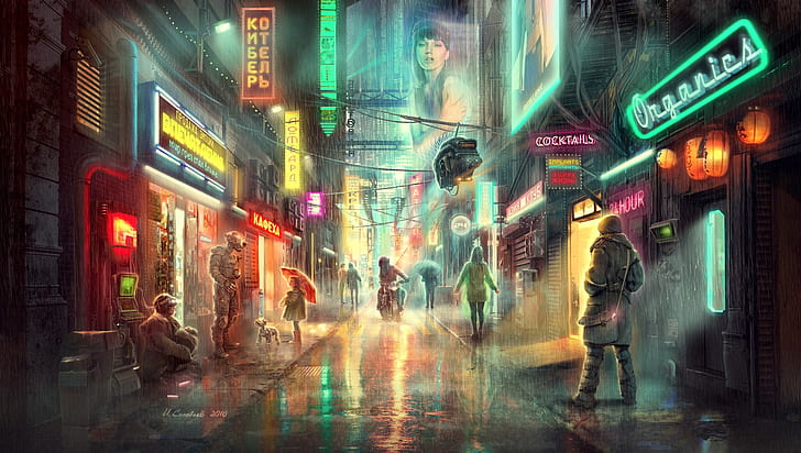 artwork, fantasy art, steampunk, city, street, neon, rain, futuristic
