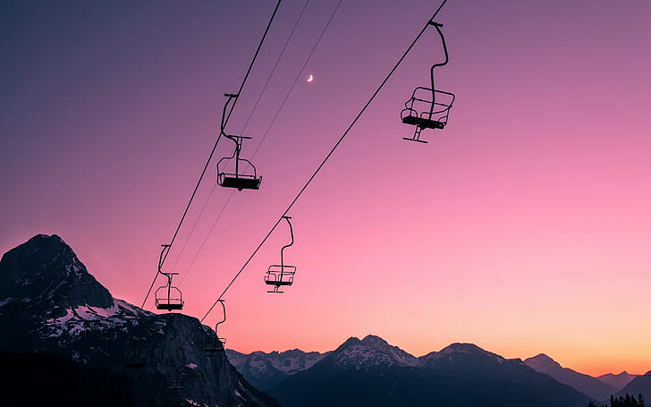 Ski Lift Silhouette Sunset Mountains HD, nature