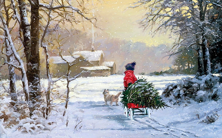 artwork, snow, winter, painting, children, cottage, pet, Christmas
