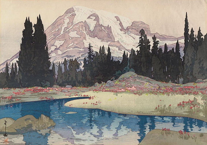 lake near woods across mountain painting, Yoshida Hiroshi, artwork