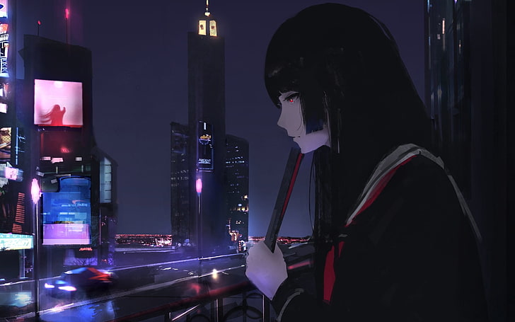 Tokyo Ghoul female character digital wallpaper, city, night, school uniform