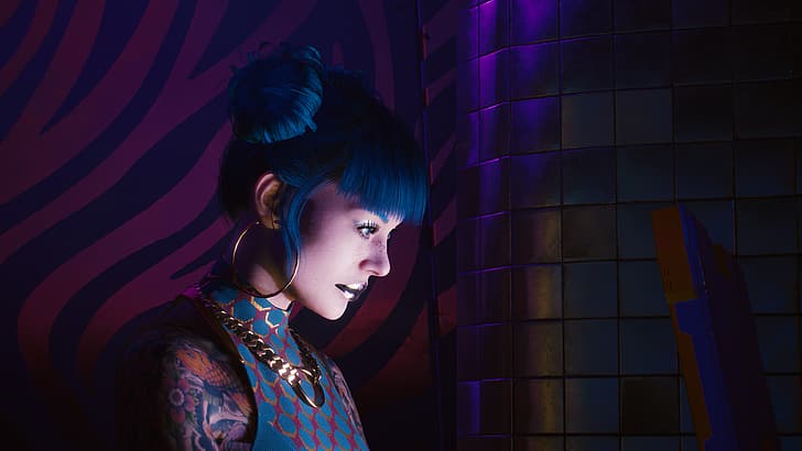 Cyberpunk 2077, 4K, Clouds Receptionist, blue, purple, HD wallpaper