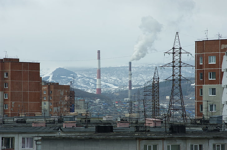 Magadan, Russian, Kolyma, urban, rooftops, power lines, building exterior