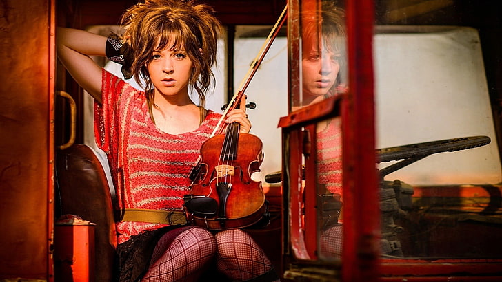 woman with violin in a vehice, women, model, brunette, Lindsey Stirling, HD wallpaper