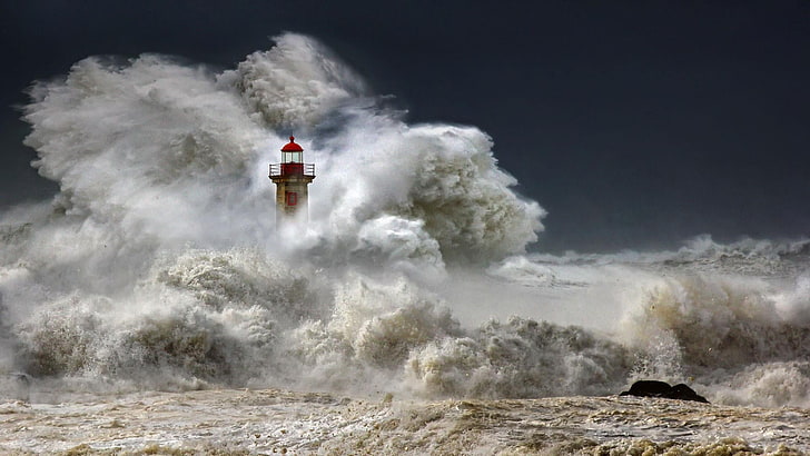 lighthouse, felgueiras lighthouse, porto, portugal, wave, wind wave, HD wallpaper