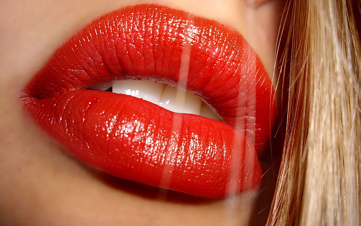 women, model, blonde, long hair, face, red lipstick, hair in face, HD wallpaper