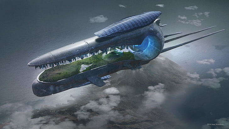 gray and blue ship wallpaper, digital art, science fiction, futuristic