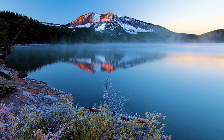 nature, landscape, lake, sunset, mountains, mist, frost, snowy peak, HD wallpaper