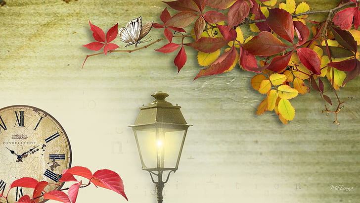 Light Autumn, black light post and yellow brown butterfly painting