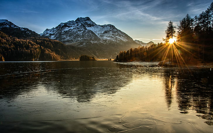 body of water near mountain and trees, lake sils, lake sils, Sunset, HD wallpaper