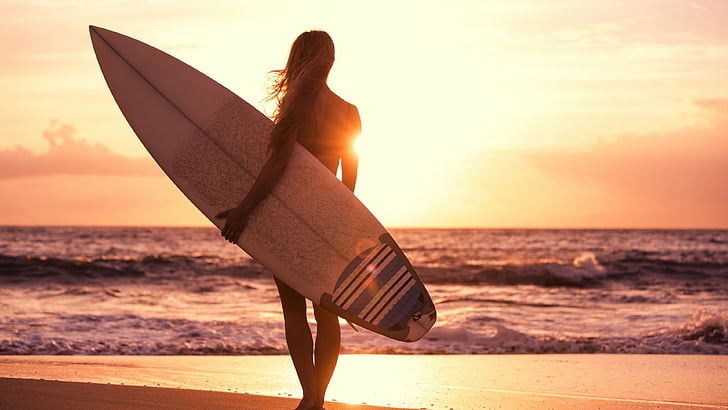 Surfing, girl, beach, sun, sea, HD wallpaper