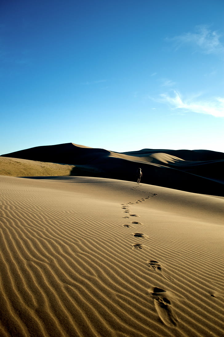 person walking on desert leaving footsteps during daytime, Hiking, HD wallpaper