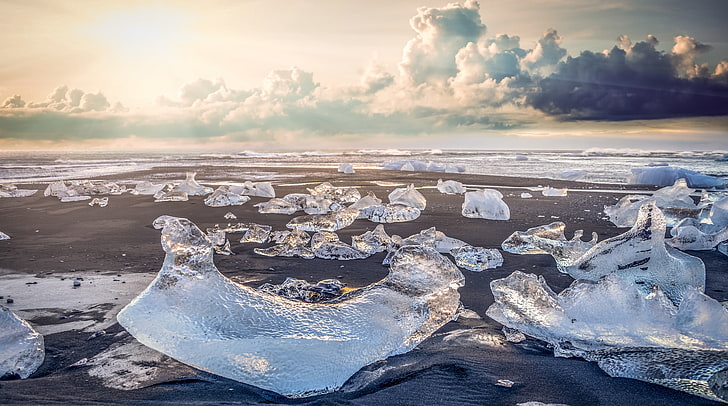 Jokulsarlon Ice Beach, Iceland, white clouds, Europe, Lake, Lagoon, HD wallpaper