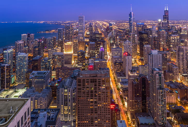 aerial photo of city buildings during night time, Downtown Chicago
